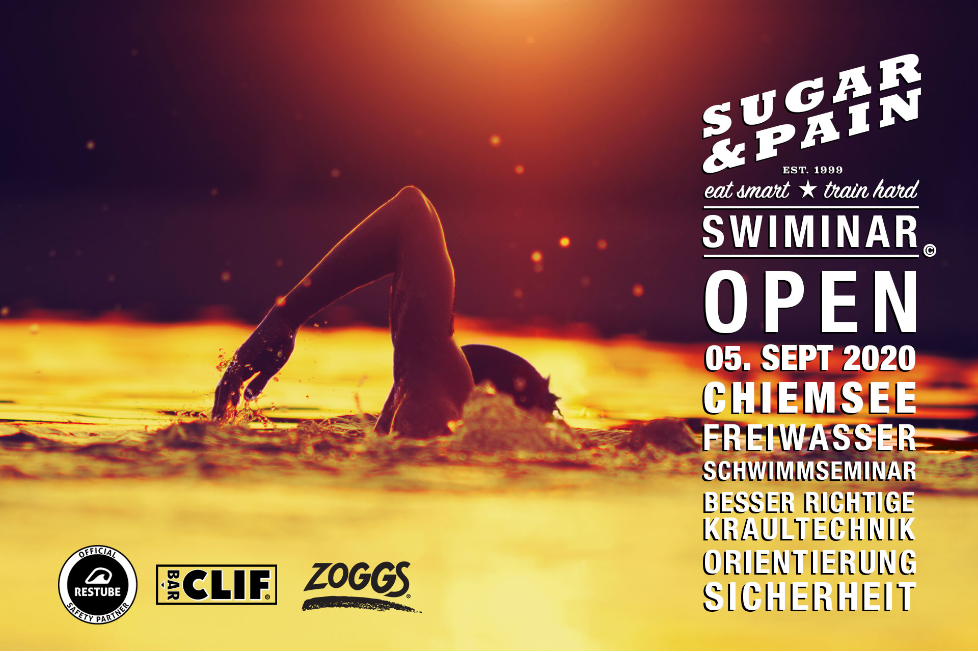 SWIMINAR #OPEN Chiemsee 03/20 Freiwasser Schwimmseminar Kraultechnik TITEL © SUGAR & PAIN / Adobe Stock