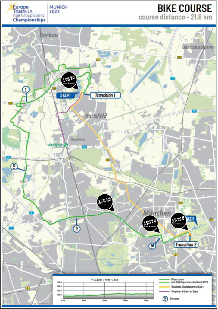 TRIATHLON MUNICH2022 EM Bike Course with Transition & Support Mark-Ups / Karte © MUNICH 2022